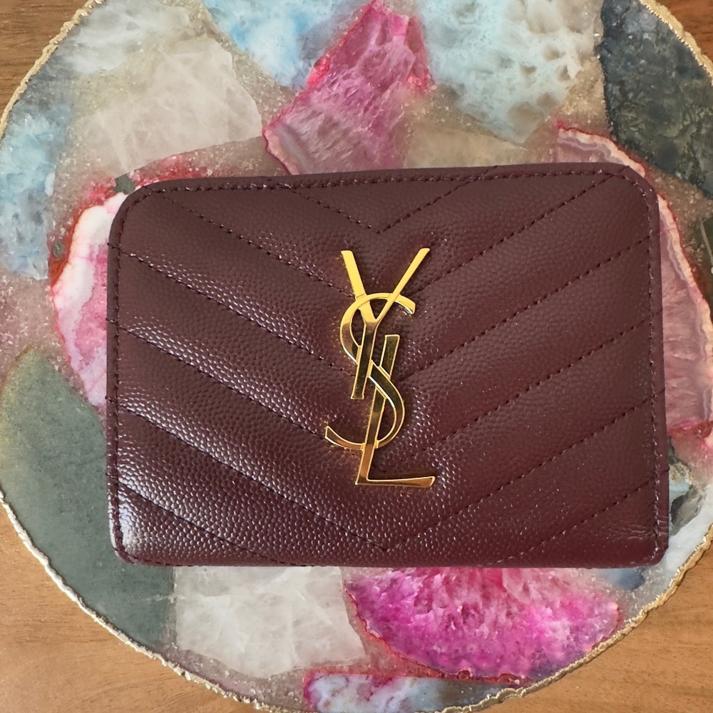 Like New Authentic Saint Laurent Cassandre Matelassé Burgundy Compact Zip Wallet